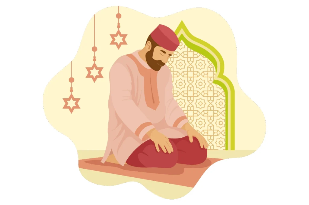 Islamic Center Illustration of a man wearing traditional attire, sitting on a prayer mat in a mosque, with decorative hanging stars and a patterned arch in the background. Islam