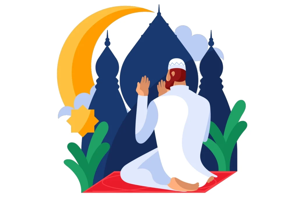 Islamic Center A person in white clothing sits on a prayer mat, raising hands in prayer near mosque domes with a crescent moon in the background. Islam