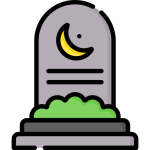 Islamic Center Illustration of a gray tombstone with a yellow crescent moon symbol, horizontal lines representing text, and green bushes at the base. Islam