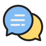 Islamic Center Two overlapping speech bubbles, one blue with horizontal lines representing text, and one yellow, symbolizing communication or conversation. Islam