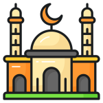Islamic Center Illustration of a mosque with two minarets, a large central dome, and a crescent moon symbol on top, set on a green base. Islam