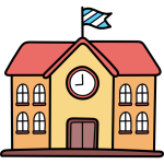 Islamic Center A simple illustration of a school building with a clock above the entrance and a blue-and-white flag on the roof. Islam