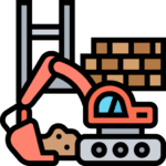 Islamic Center Illustration of an excavator moving dirt near a stack of bricks and a building under construction. Islam