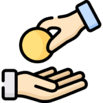 Islamic Center Illustration of a hand giving a gold coin to another open hand, symbolizing payment, donation, or financial transaction. Islam
